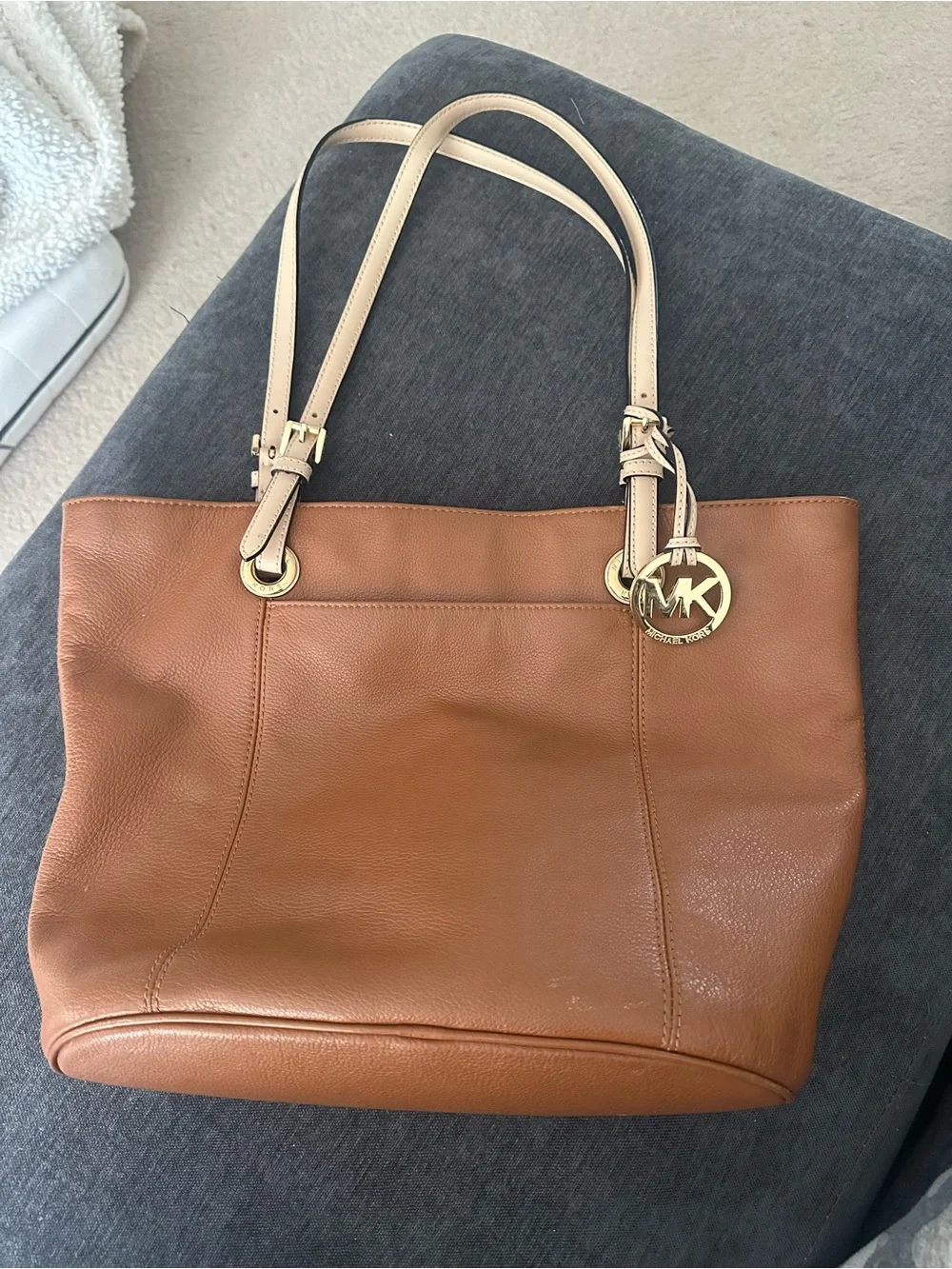 Michael Kors Cognac Leather Tote with Cream Straps